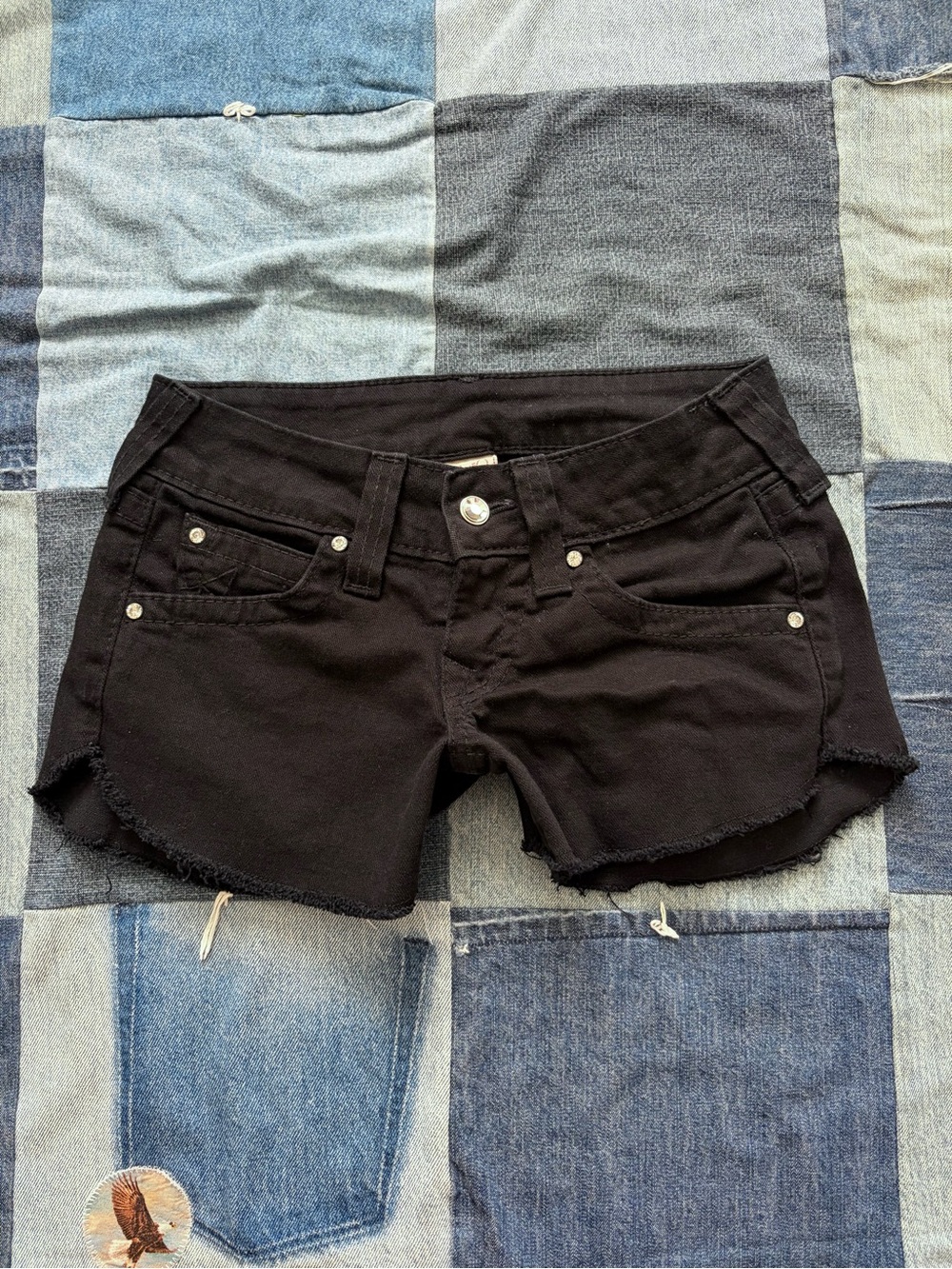 vintage true religion super low rise black denim mini shorts usa glam size 26